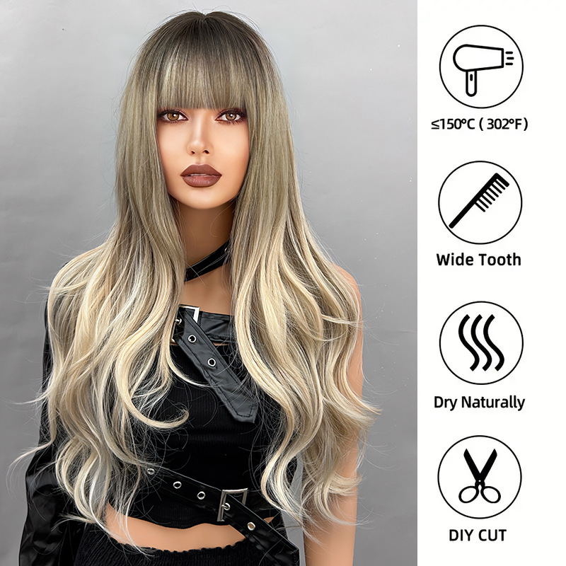 Big wave wig with bangs, gradient long curly hair