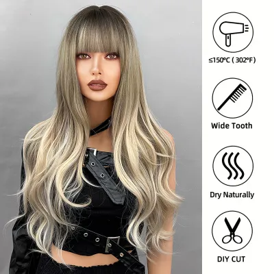 Big wave wig with bangs, gradient long curly hair 02