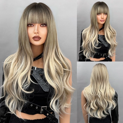 Big wave wig with bangs, gradient long curly hair 01