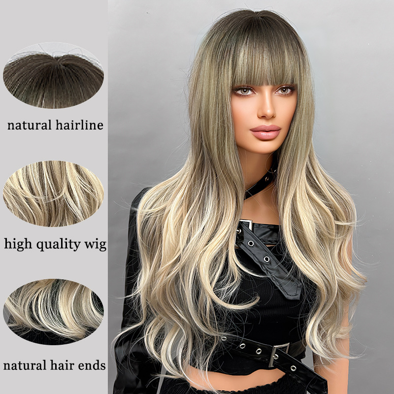 Big wave wig with bangs, gradient long curly hair