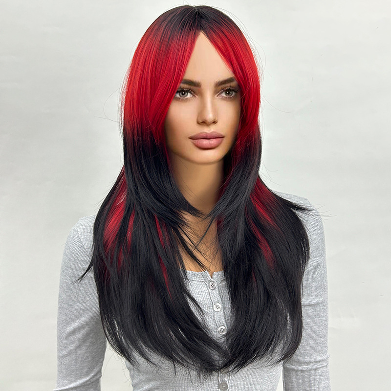 Black gradient red long hair slightly curly natural wig