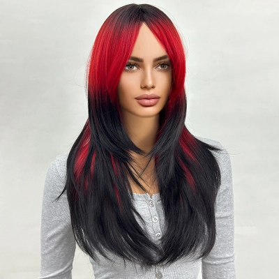Black gradient red long hair slightly curly natural wig 02