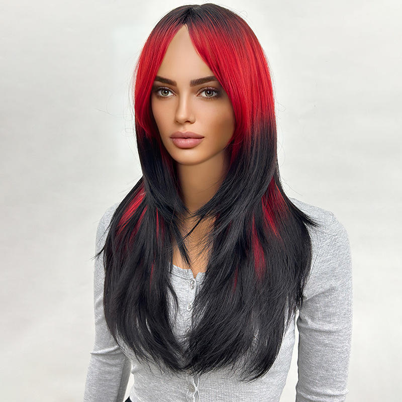 Black gradient red long hair slightly curly natural wig