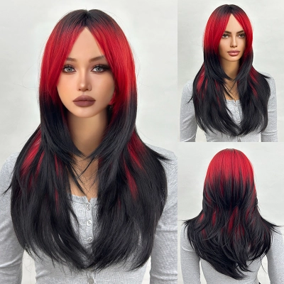 Black gradient red long hair slightly curly natural wig 01