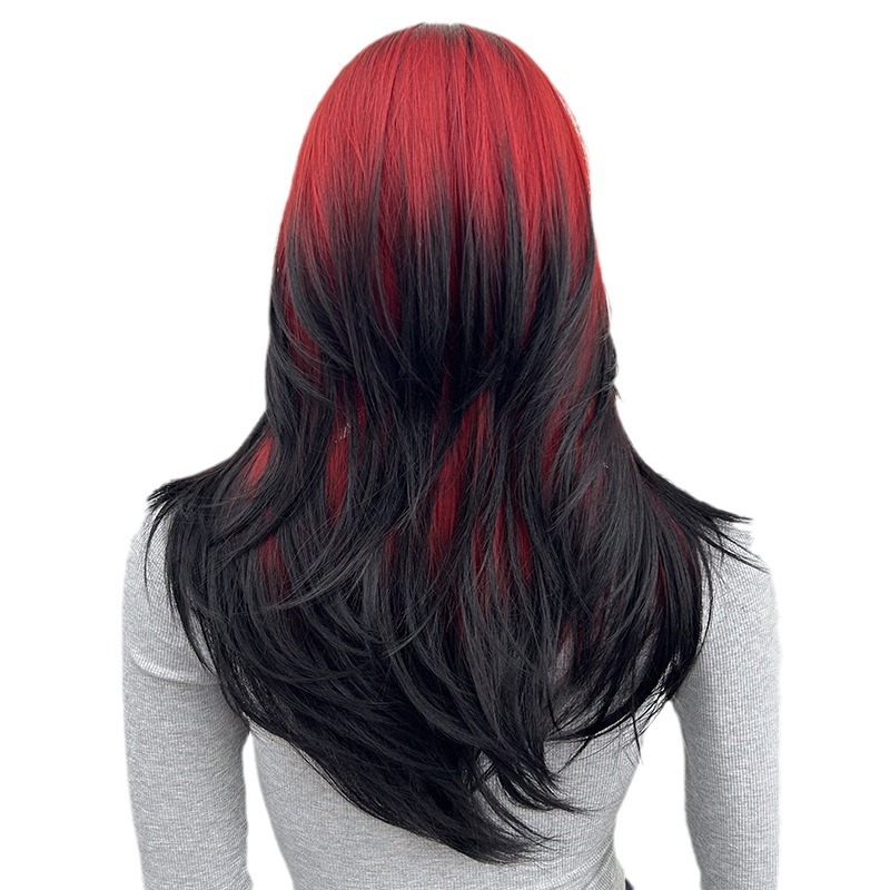 Black gradient red long hair slightly curly natural wig