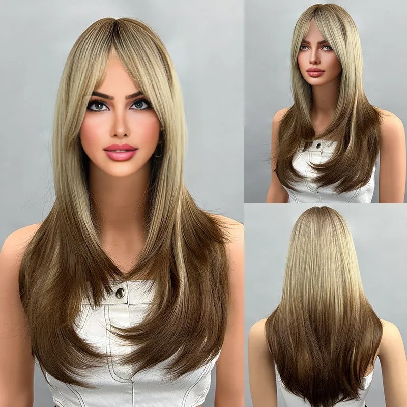 Black gradient red long hair slightly curly natural wig