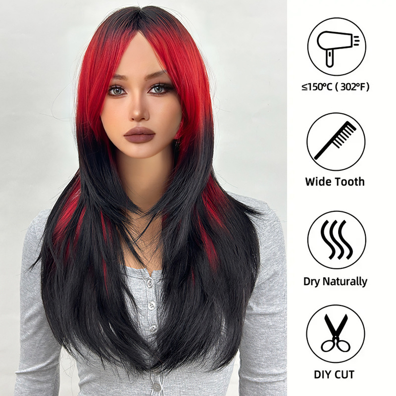 Black gradient red long hair slightly curly natural wig