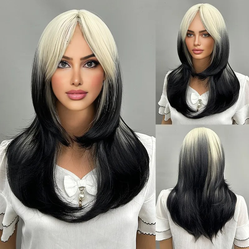 Black gradient red long hair slightly curly natural wig