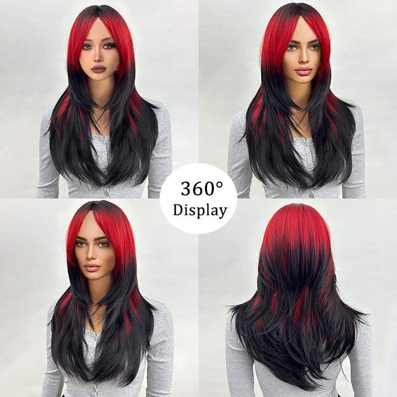 Black gradient red long hair slightly curly natural wig