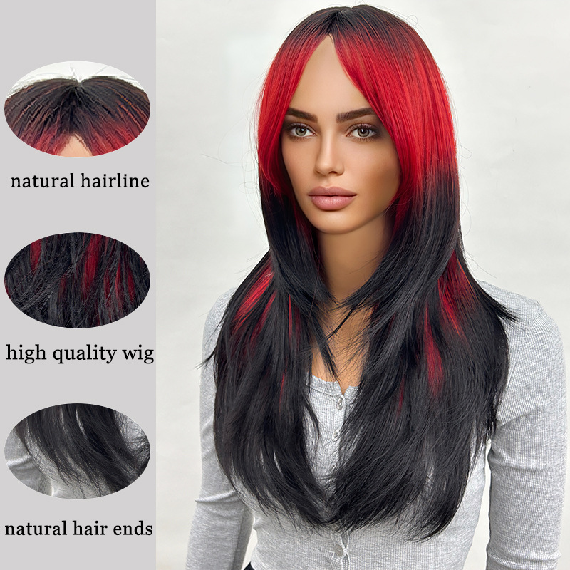 Black gradient red long hair slightly curly natural wig