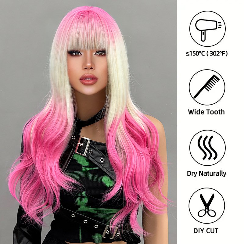 Full head hairstyle, long rolled layered wig with bangs