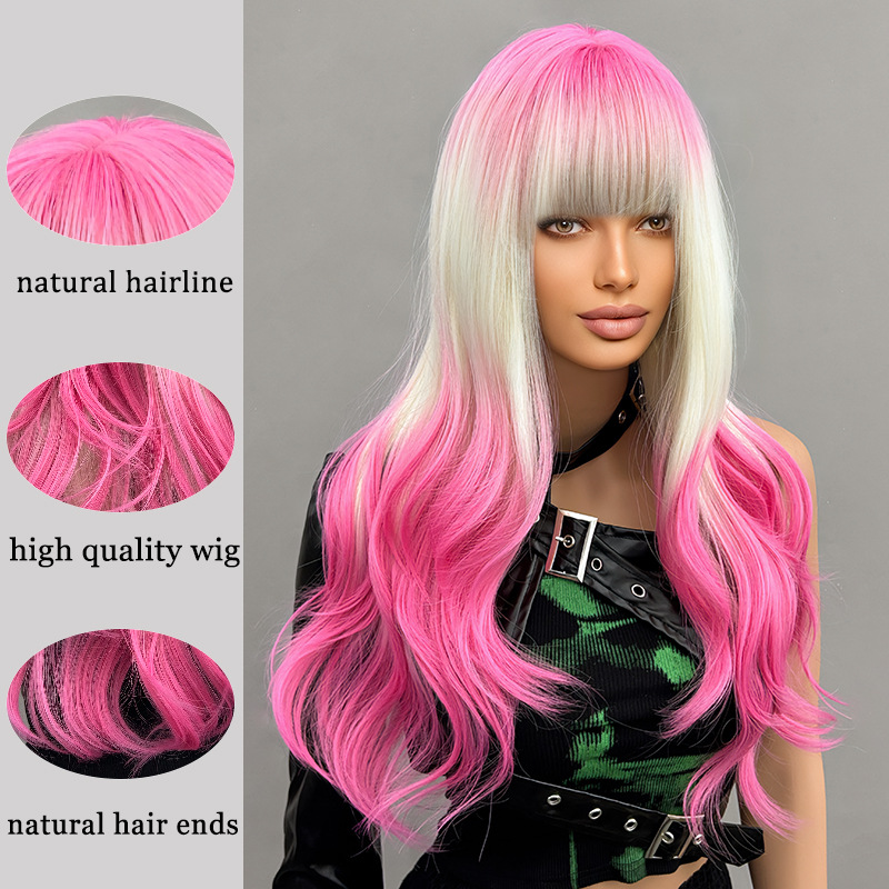 Full head hairstyle, long rolled layered wig with bangs