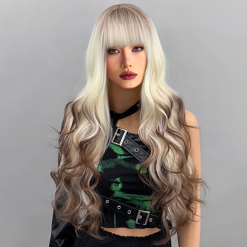 Full head hairstyle, long rolled layered wig with bangs