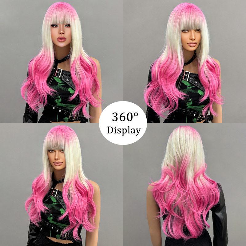 Full head hairstyle, long rolled layered wig with bangs