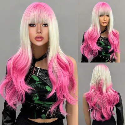 Full head hairstyle, long rolled layered wig with bangs 01