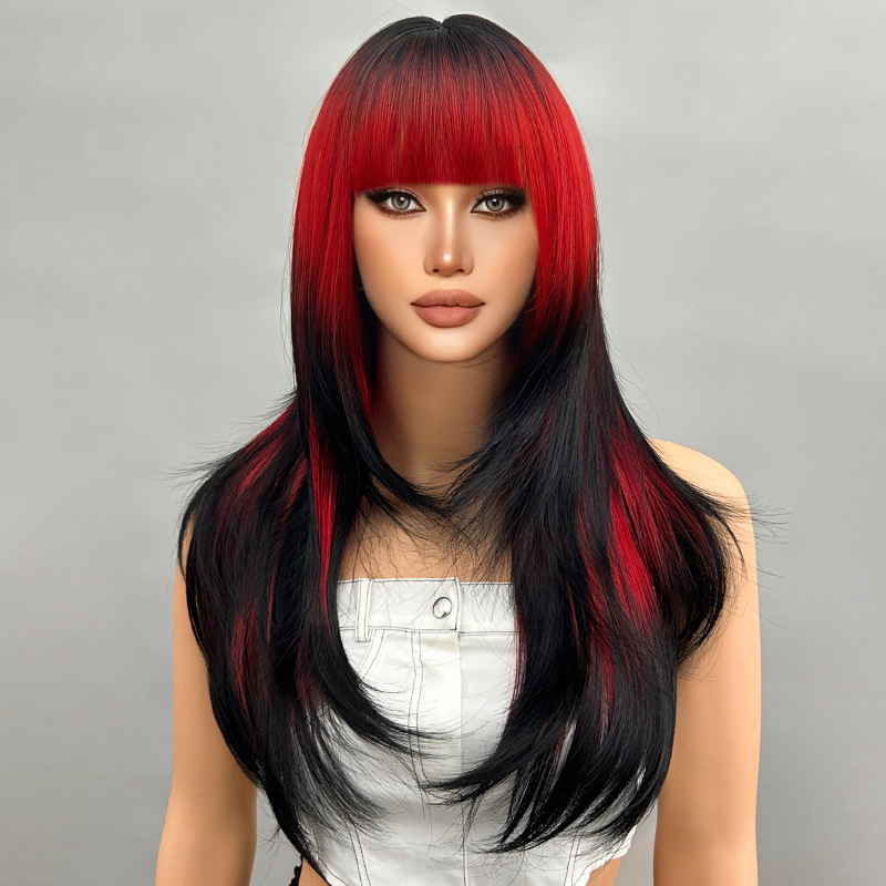 Full head hairstyle, long rolled layered wig with bangs