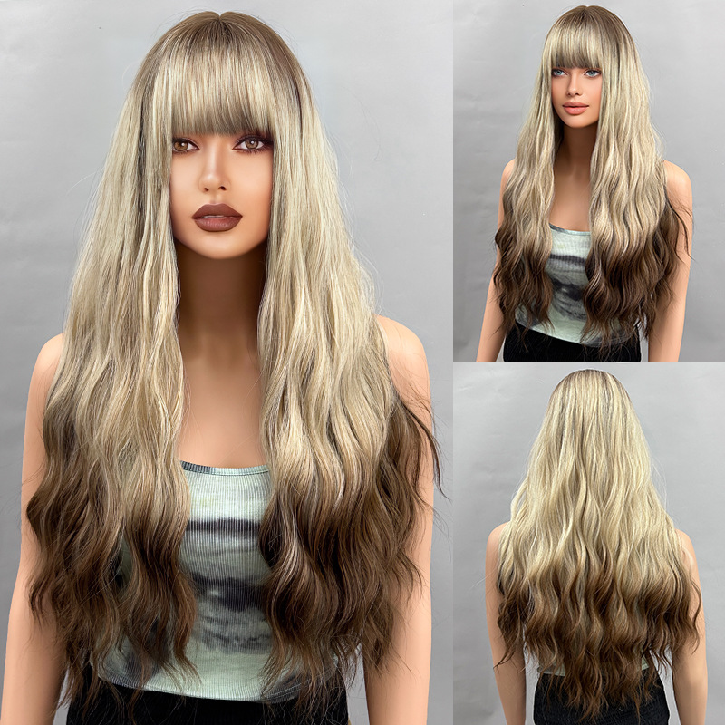 Full head hairstyle, long rolled layered wig with bangs