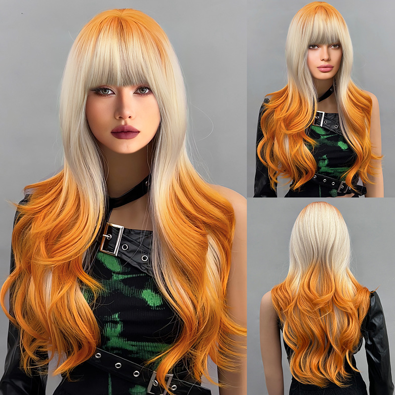 Full head hairstyle, long rolled layered wig with bangs