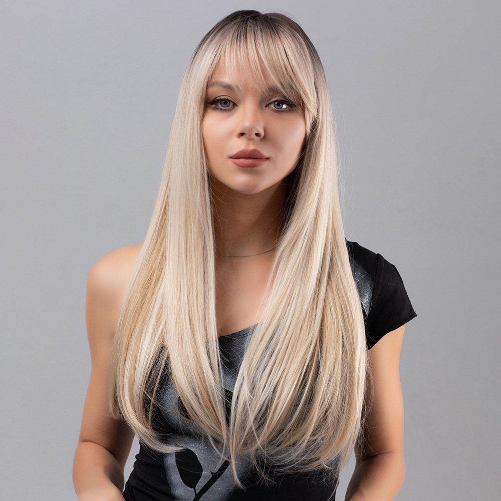 Multi colored long straight wig with bangs wig