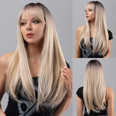 Multi colored long straight wig with bangs wig 01