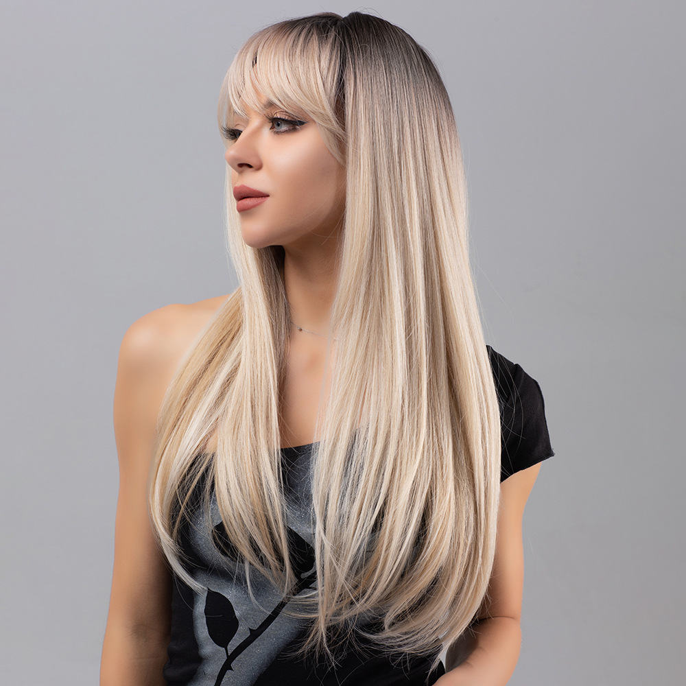 Multi colored long straight wig with bangs wig