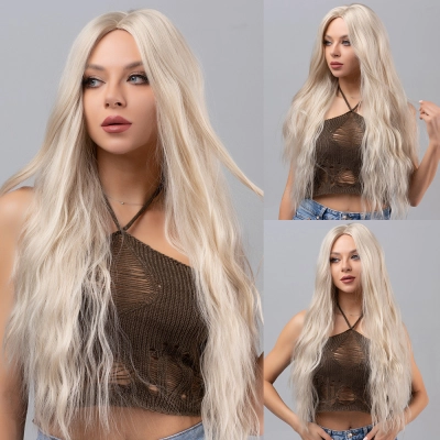 White gold Barbie style wavy long curly hair fluffy wig 01