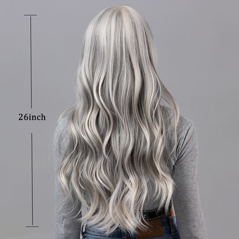 Bangs, gray Barbie style, big waves, long curly hair, fluffy