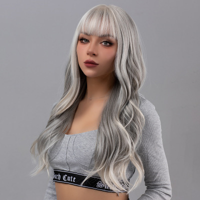 Bangs, gray Barbie style, big waves, long curly hair, fluffy 01
