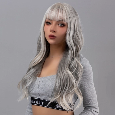 Bangs, gray Barbie style, big waves, long curly hair, fluffy 01