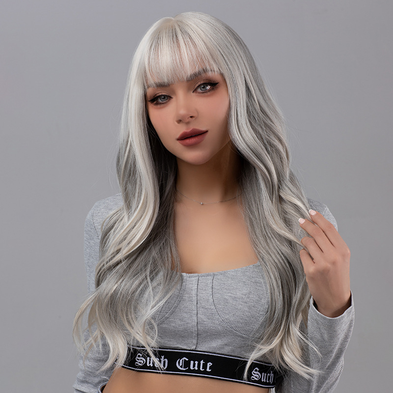 Bangs, gray Barbie style, big waves, long curly hair, fluffy