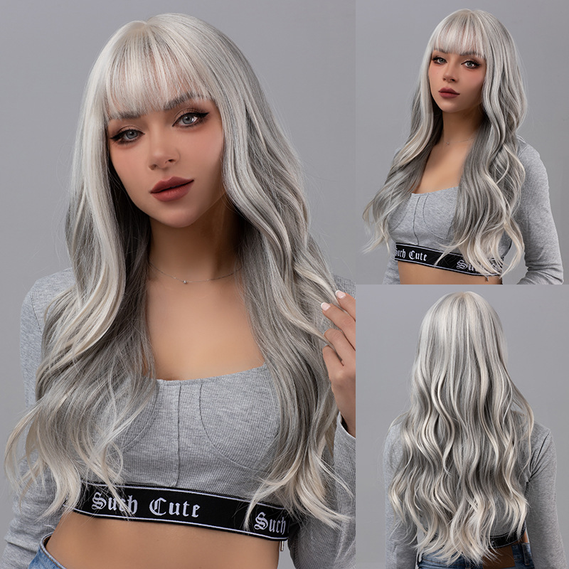 Bangs, gray Barbie style, big waves, long curly hair, fluffy