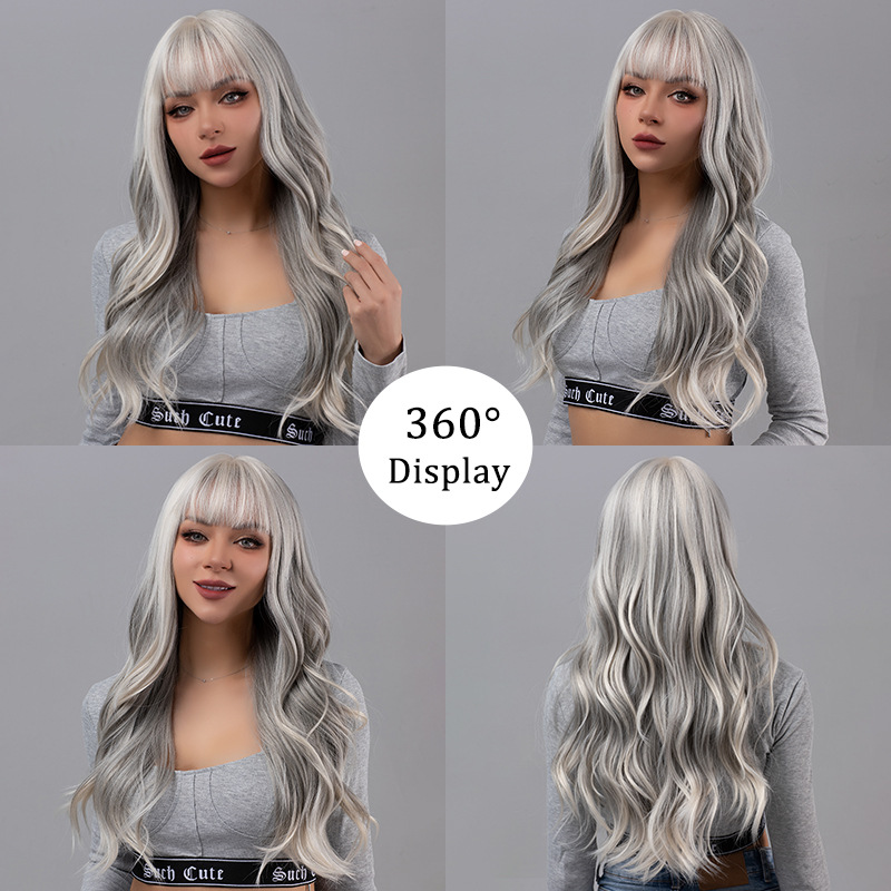 Bangs, gray Barbie style, big waves, long curly hair, fluffy