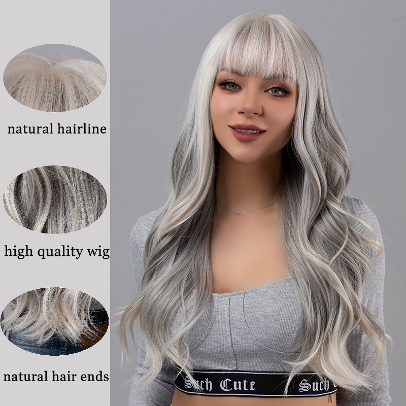 Bangs, gray Barbie style, big waves, long curly hair, fluffy