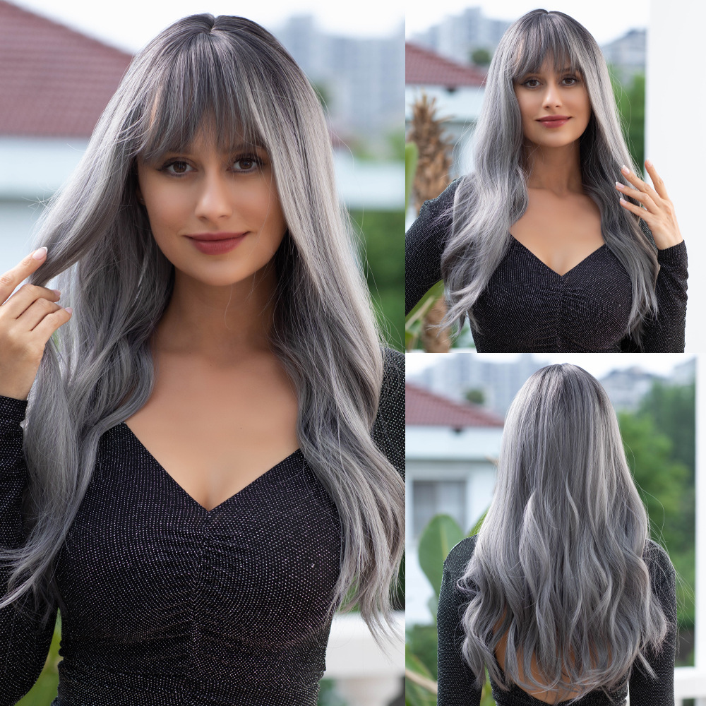 Bangs, gray Barbie style, big waves, long curly hair, fluffy