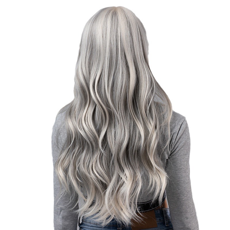 Bangs, gray Barbie style, big waves, long curly hair, fluffy