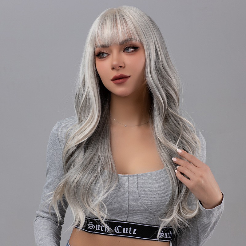 Bangs, gray Barbie style, big waves, long curly hair, fluffy