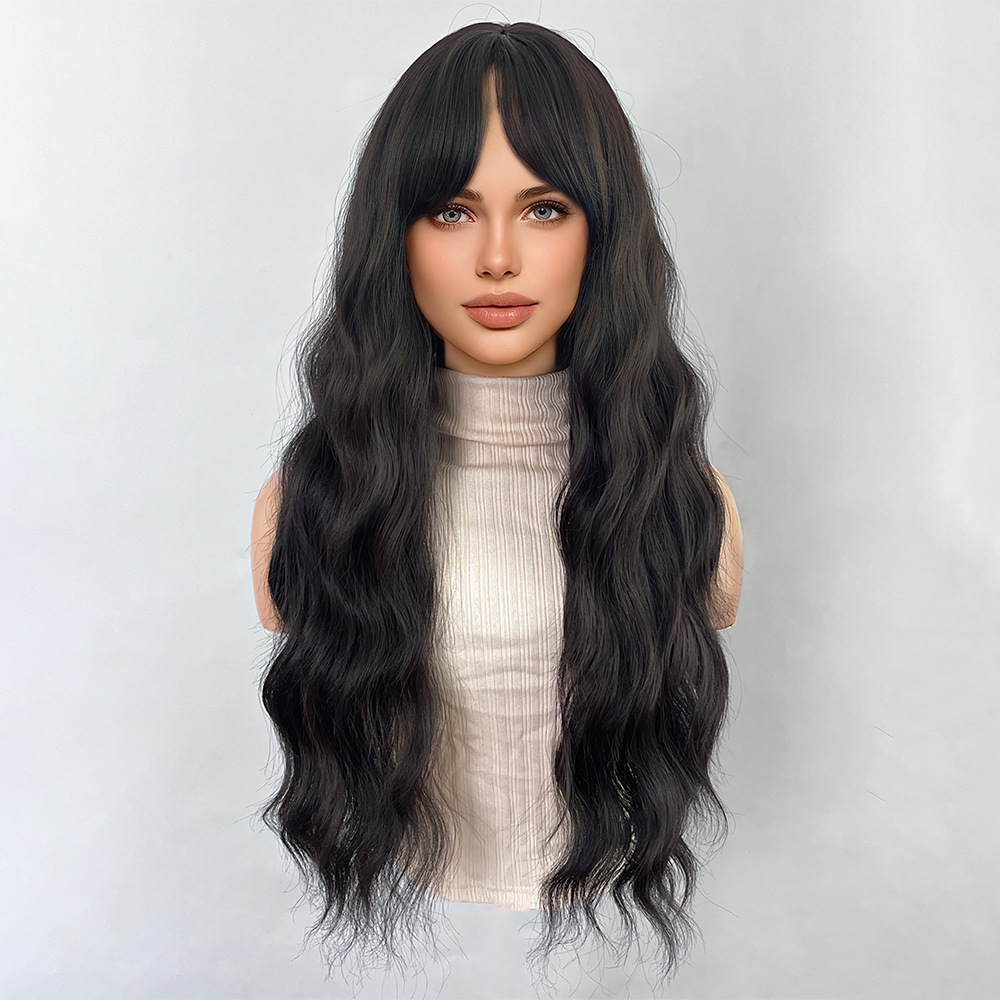 Black brown bangs long curly hair wig