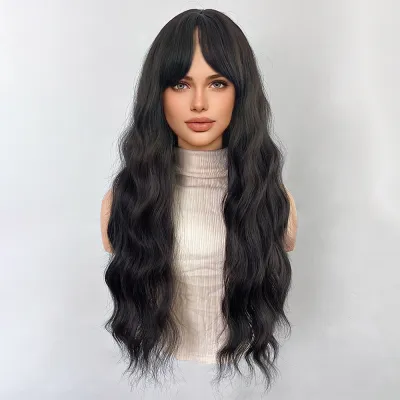 Black brown bangs long curly hair wig 02