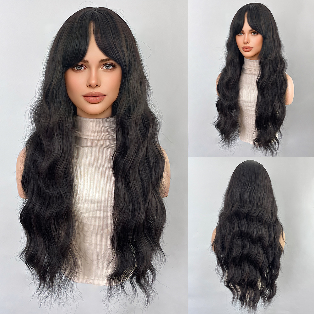 Black brown bangs long curly hair wig