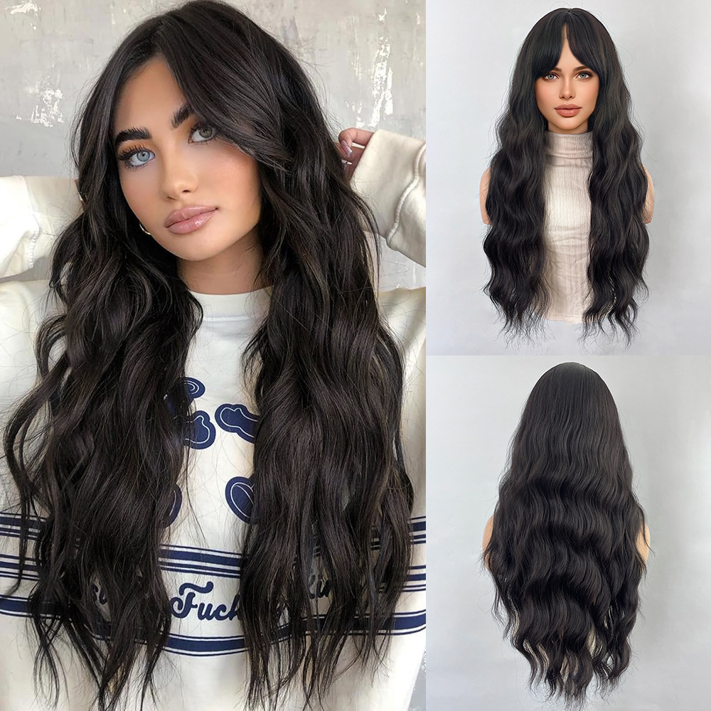 Black brown bangs long curly hair wig