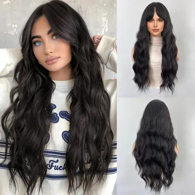 Black brown bangs long curly hair wig 01