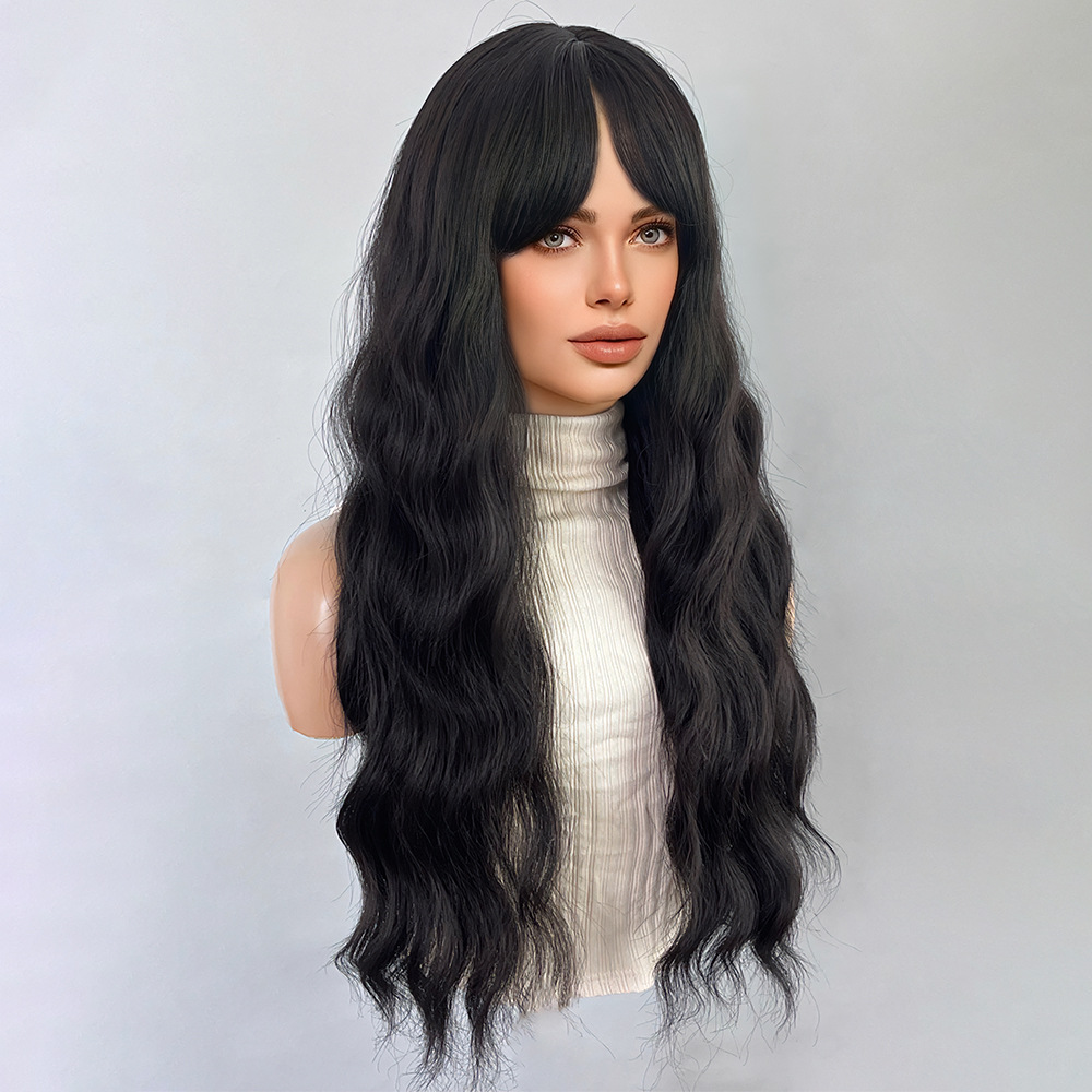 Black brown bangs long curly hair wig