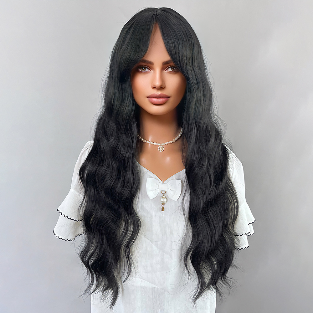 Black brown bangs long curly hair wig