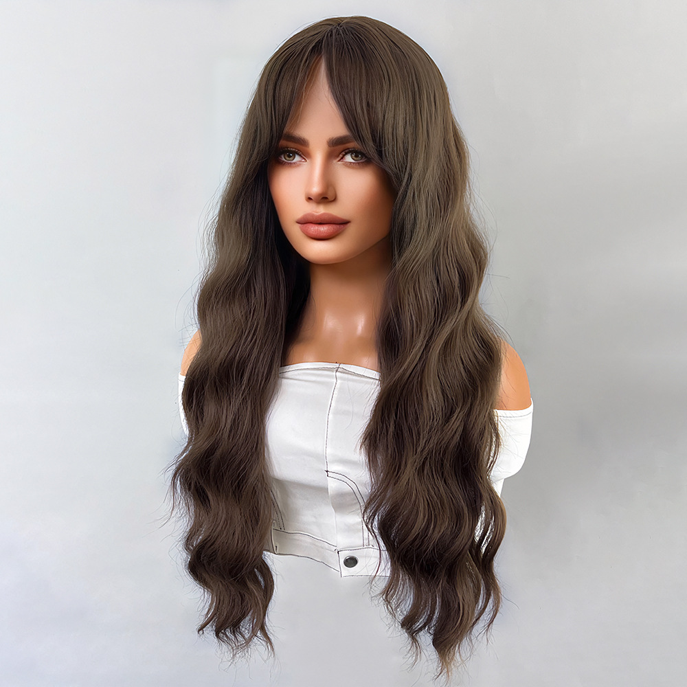 Black brown bangs long curly hair wig