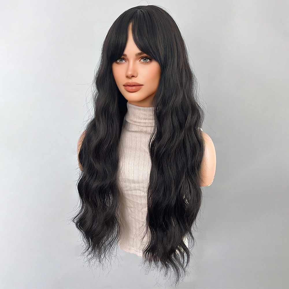 Black brown bangs long curly hair wig
