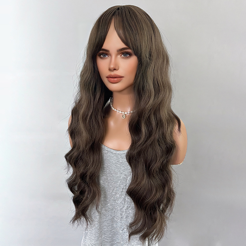 Black brown bangs long curly hair wig