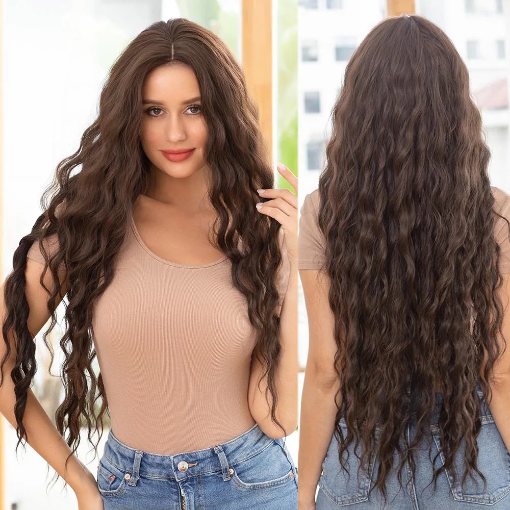 Long brown women's wig with wavy curls