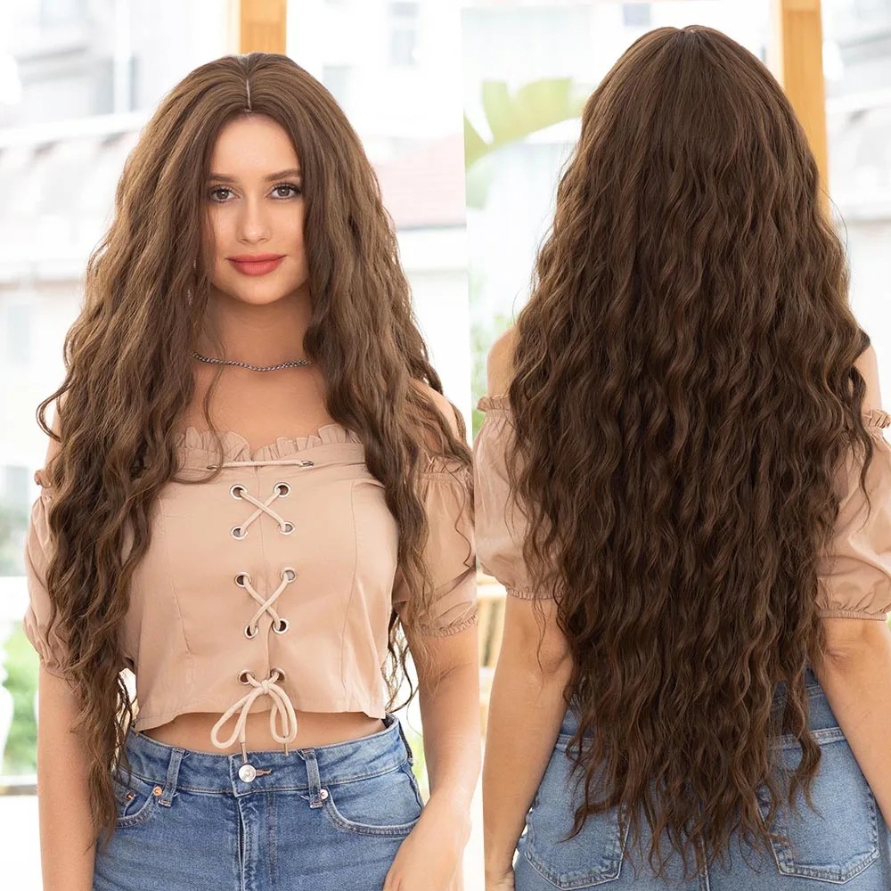 Long brown women's wig with wavy curls
