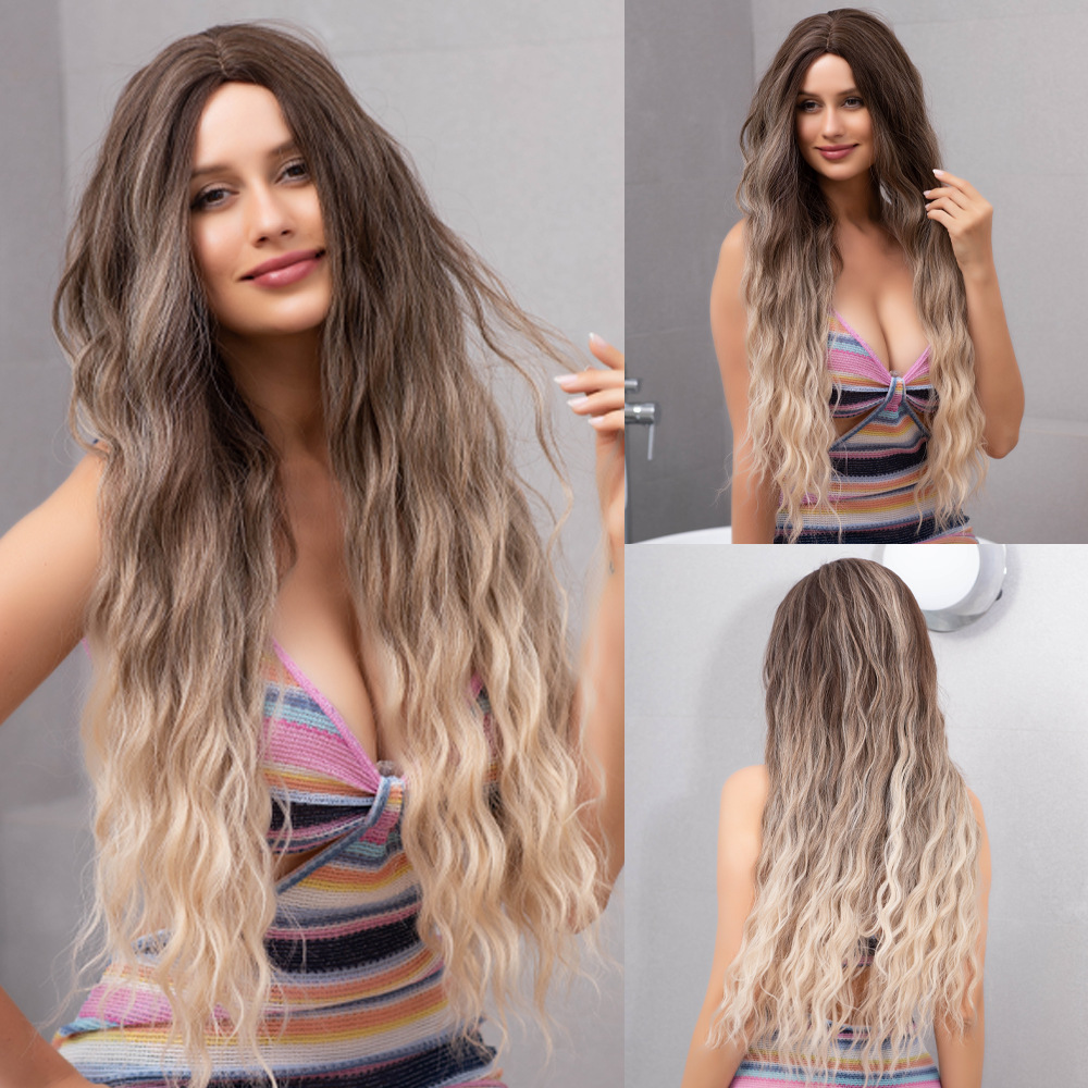 Long brown women's wig with wavy curls