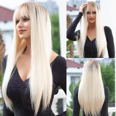 Long straight hair wig and bangs 01